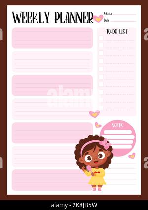 Pianificatore girly settimanale, per fare la lista, note con ragazza cute sorridente scura-skinned. Modello verticale vettoriale di colore rosa. Foglio per stampa, design, arredamento Illustrazione Vettoriale
