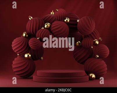 3D sfondo rosso natalizio con podio e cornice decorativa Foto Stock