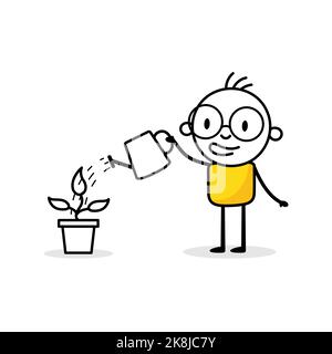 L'uomo sta annaffiando una pianta con una lattolina da annaffiatura. Il giardiniere del ragazzo sviluppa la pianta. Economia verde e concetto di forestazione. Illustrazione del vettore Illustrazione Vettoriale