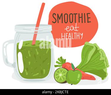 Modello con vasetto disegnato a mano con frullato in colori luminosi. Set colorato di frullati. Superalimenti e salute o disintossicazione dieta alimentare concetto in mano drawi Illustrazione Vettoriale