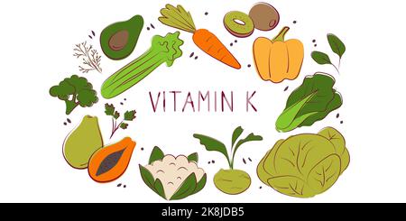Vitamina K Phyllochinone. Gruppi di prodotti sani contenenti vitamine. Set di frutta, verdura, carne, pesce e latticini Illustrazione Vettoriale