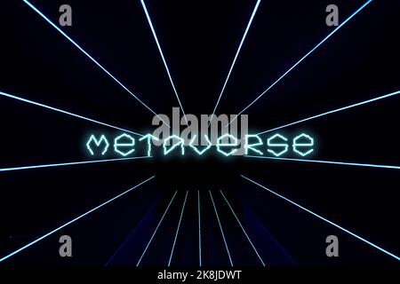 Sfondo blu con fasci laser e metaverse di testo. Sfondo per la schermata iniziale per giochi, cybersport e metaverse. Foto Stock