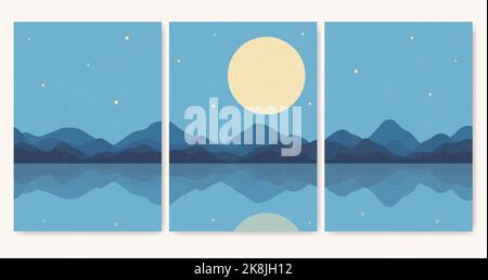 Illustrazione del set poster delle montagne notturne e del paesaggio acquatico. Illustrazione Vettoriale