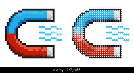 Icona pixel. Magnete blu rosso a forma di ferro di cavallo con designazione di poli di attrazione. Semplice vettore di gioco retrò isolato su sfondo bianco Illustrazione Vettoriale