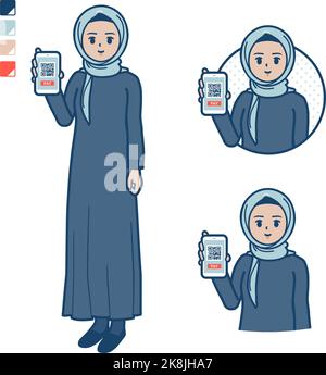 Una donna araba in hijab con pagamento senza contanti sulle immagini dello smartphone.è grafica vettoriale in modo da è facile da modificare. Illustrazione Vettoriale