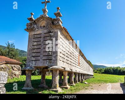 Il lungo e stretto magazzino di grano, horreo a Carnota in Galizia, Spagna. Questo horreo particolare è stato dichiarato come la più grande completa e di origine della regione Foto Stock