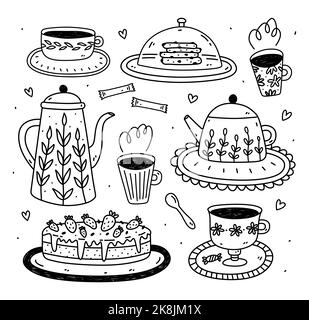 Grazioso set con tazzine da tè, teiere e dessert isolati su sfondo bianco. Disegno vettoriale a mano in stile doodle. Perfetto per carte, menu, logo, decorazioni. Raccolta dell'ora del tè. Illustrazione Vettoriale