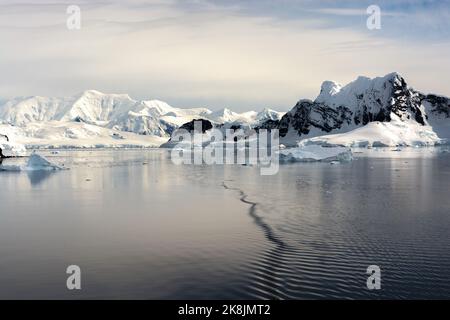 ancora acque del porto paradiso (baia) guardando indietro a gerlache stretto a lemaire isola (r) e wiencke e anvers isole. antartico penisola. anta Foto Stock