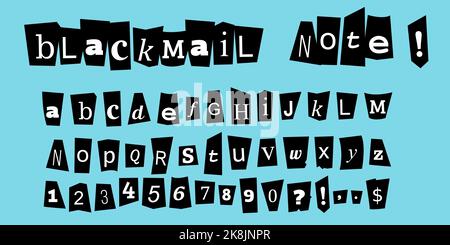 Lettera anonima di ricatto giornale lettere di taglio. Set di vettori alfabetici di riscatto criminale. Illustrazione Vettoriale