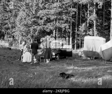 Hokksund 19590709 Norwegian National Broadcasting NRK al lavoro sul campo. Qui, il reporter Odd Nordland intervista un gruppo di zingari / rumeni a Hokksund. Foto: Knoblauch / NTB / NTB Foto Stock