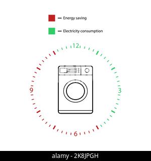 Lavatrice a icone lineare sul quadrante, per risparmiare energia elettrica. Icona del vettore infografico isolata su bianco Illustrazione Vettoriale