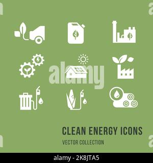 Set di icone eco-vettoriali in stile piatto. Collezione Eco con varie icone sul tema dell'ecologia e dell'energia verde. Isolato, modificabile e scalabile Illustrazione Vettoriale