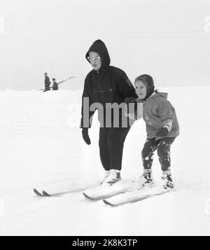 Oslo 19600109. L'attore Ingrid Bergman con il marito Lars Schmidt e i figli Ingrid, Isabella e Robertino che ha con Roberto Rossellini è venuto in vacanza nel buon inverno norvegese a Holmenkollen. A Bergman non piacevano i mezzi di comunicazione, quindi è rimasta per la maggior parte in casa. Ingrid Rossellini e il governatore praticano nuove lezioni di sci su una pista adatta. Foto: Storløkken / NTB Foto Stock