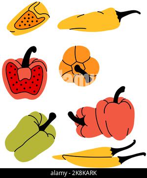 Peperoncino e peperoni caldi. Peperoni rossi e verdi. Cibo vegetariano sano. Prodotti agricoli. Illustrazione vettoriale Illustrazione Vettoriale