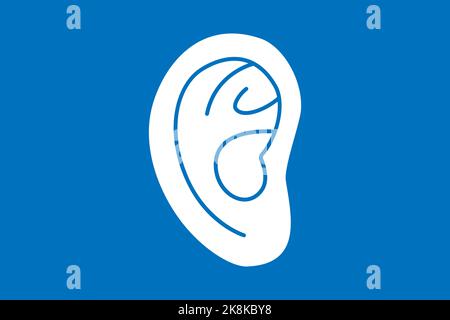 Simbolo dell'orecchio umano isolato su sfondo blu. Icona dell'organo umano. Illustrazione vettoriale. Illustrazione Vettoriale