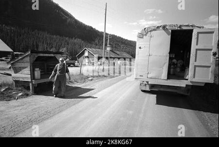 Anguilla in Hallingdal 196508 l'uomo viene con il percorso di mungitura il percorso di mungitura è gestito da Seilers Olsen. Seilers hanno l'esperienza dell'anno nel servizio della fornitura di latte e hanno la piena fiducia del bude. Secchio del latte. Oltre al latte, vengono trasportate merci, lettere e persone. Foto: Aage Storløkken / corrente / NTB Foto Stock