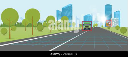 Autopilot Car Road view Illustrazione Vettoriale