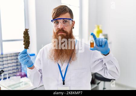 Uomo rosso con barba lunga che lavora in laboratorio scienziato che tiene le erbacce e l'olio cbd rilassato con seria espressione sul viso. Semplice e naturale looki Foto Stock