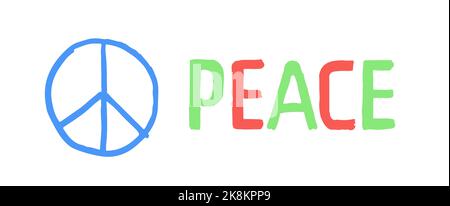 Testo di pace, lettere disegnate a mano con logo, scribbles vettoriali colorati Illustrazione Vettoriale