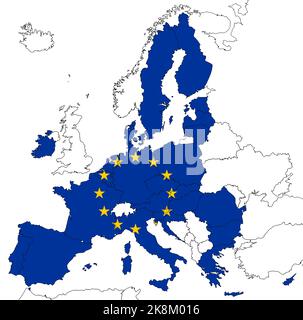 Mappa dell'Europa con i paesi dell'UE contrassegnati dalla bandiera dell'Unione europea (UE) Foto Stock
