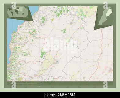 Baalbek-Hermel, governatorato del Libano. Aprire la mappa stradale. Posizioni delle principali città della regione. Mappe delle posizioni ausiliarie degli angoli Foto Stock