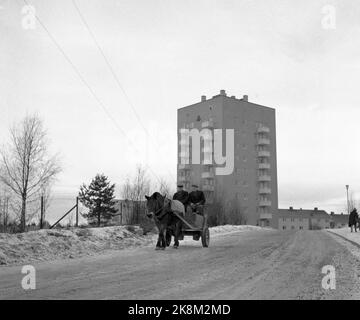 Oslo 19551230 prende forma la nuova città di Lambertseter. Qui, il vecchio e il nuovo tempo si incontrano: L'esterno di uno dei nuovi blocchi alti, con cavalli e carri in primo piano. Foto; NTB / NTB Foto Stock