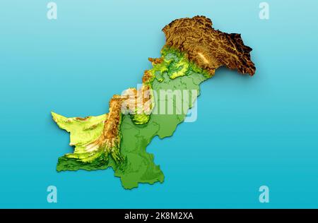 Mappa del Pakistan rilievo ombreggiato colore altezza mappa sul mare sfondo blu 3D illustrazione Foto Stock