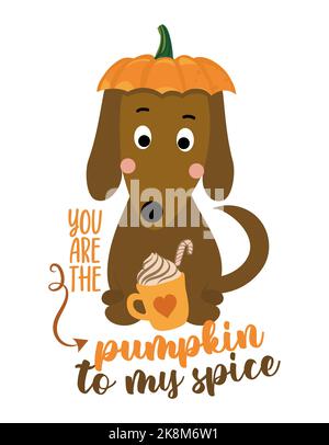 Siete la zucca alla mia spezia - illustrazione disegnata a mano del vettore con la volpe cute con il latte della spezia della zucca. Poster a colori autunnale. Ottimo per poster, greetina Illustrazione Vettoriale