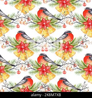 Motivo senza cuciture con bullfinch e composizione floreale natalizia. Sfondo bianco. Illustrazione acquerello. Concetto di Capodanno. Per la stampa, il design, la scheda Foto Stock