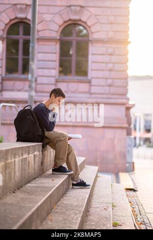 Adolescente concentrato che perusa un libro di testo all'aperto Foto Stock