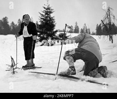 Oslo 19530211. Il 11 febbraio 1953 è stata una grande giornata nella storia dello sci del paese. Dopo un grande sforzo da parte dei politici norvegesi, lo Storting ha battuto il parlamento svedese e finlandese, e insieme nella gara di sci di fondo a Skytterkollen. Nella foto presidente del Comitato Esteri, Finn Moe (A), Oslo attende qualcuno che ha difficoltà con il lavoro di gestione. Moe andò da parte e disse diplomatico 'dopo di voi Signore' Foto: Sverre A. Børretzen / corrente / NTB Foto Stock