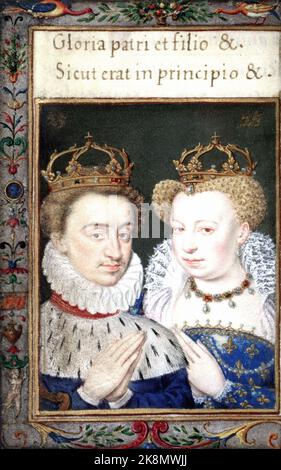 Jean Clouet, Jean Clouet et et son atelier Portraits d'Henri II d'Albret, roi de Navarre, et de Marguerite de Valois (1492-1549), unis en 1527 Livre d'Heures de Catherine de Medicis, folio 168 verso ouvrage commencé vers 1530 pour Francois 1er et complété Catherine de Médicis vers 1572 pour Paris, Bibliothèque Nationale de France Foto Stock