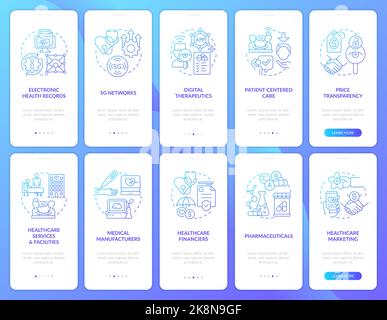 Set di schermate dell'app mobile per l'onboarding a gradiente blu delle tendenze del settore medico Illustrazione Vettoriale