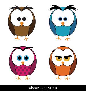 Set di quattro gufi isolati su sfondo bianco. Icone piatte. Illustrazione vettoriale Illustrazione Vettoriale