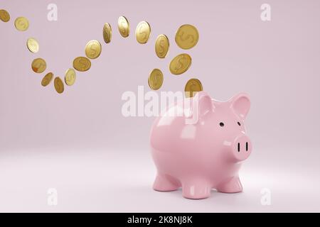 Molte monete d'oro sono state inserite in una banca rosa di maialini. 3D illustrazione del concetto di risparmio, investimento e servizi bancari Foto Stock