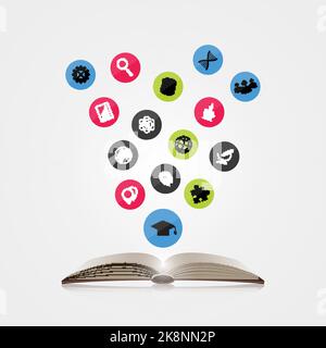 Apri il libro con una serie di icone. Concetto di istruzione. Illustrazione vettoriale Illustrazione Vettoriale