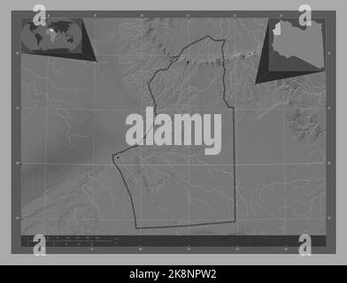 Nalut, distretto della Libia. Mappa altimetrica bilivello con laghi e fiumi. Posizioni delle principali città della regione. Mappe delle posizioni ausiliarie degli angoli Foto Stock