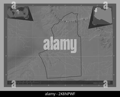 Nalut, distretto della Libia. Mappa altimetrica bilivello con laghi e fiumi. Località e nomi delle principali città della regione. Posizione ausiliaria angolo ma Foto Stock