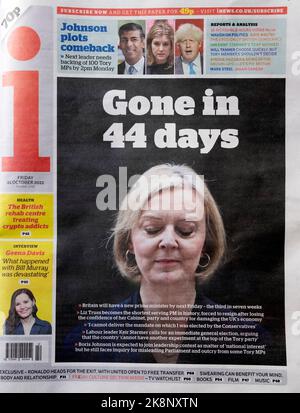 Donna il primo ministro britannico PM Liz Truss 'Gone in 44 days' i giornale prima pagina 21 ottobre 2022 Londra Inghilterra Gran Bretagna UK Foto Stock