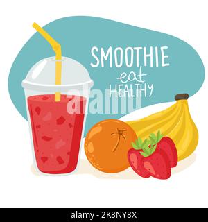 Modello con vasetto disegnato a mano con frullato in colori luminosi Set colorato di frullati. Supercibi e salute o detox dieta alimentare concetto disegno a mano s Illustrazione Vettoriale