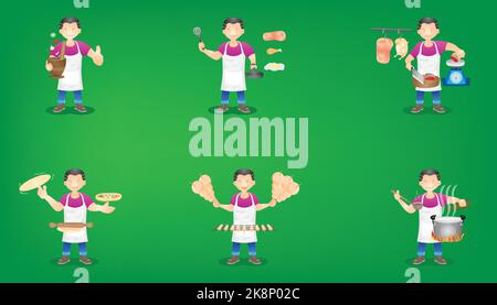 Un'illustrazione vettoriale di un insieme di chef che cucinano diversi tipi di cibo su uno sfondo verde Illustrazione Vettoriale