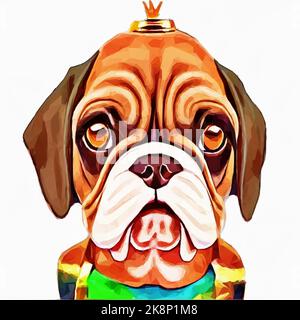 Animale domestico di carattere. Ritratto di un cane boxer. Il cane indossa una corona. Illustrazione vettoriale in stile poli basso Illustrazione Vettoriale
