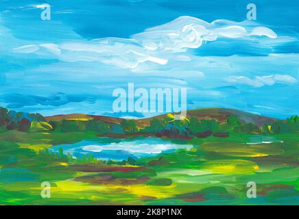 Paesaggio estivo pittura acrilica. Paesaggio di campagna con verdi colline, alberi, lago e cielo blu con nuvole bianche. Grafica brillante e vivace. M Foto Stock