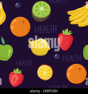 Sfondo senza cuciture con vari frutti tropicali su bianco. Modello di frutta vettoriale. Illustrazione Vettoriale