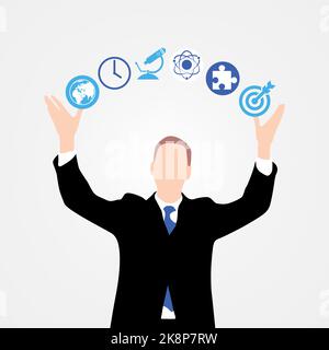 Uomo d'affari in tuta. Concetto aziendale con icone. Illustrazione vettoriale Illustrazione Vettoriale