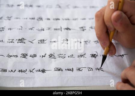 Scrittura cinese scritta a mano in linee verticali su un foglio di carta piegata per dare guide verticali alle colonne, da un uomo con un pennello d'inchiostro e calligrafia molto fine e competente. (125) Foto Stock