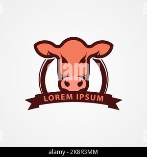 Testa di mucca con nastro per il vostro testo. Simbolo. Concetto di allevamento di carne bovina. Illustrazione vettoriale Illustrazione Vettoriale