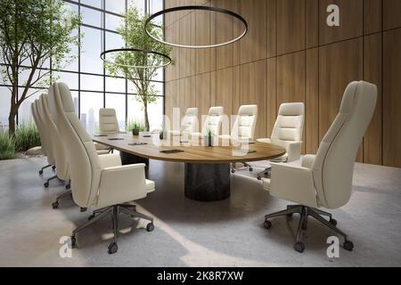 Sala riunioni concettuale in stile moderno con interni in stile 3 d'illustrazione Foto Stock