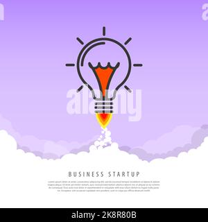 Concetto di startup aziendale. Razzo nelle nuvole. Illustrazione vettoriale Illustrazione Vettoriale