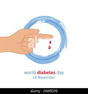 cerchio blu e dito con goccia di sangue mondo diabete giorno 14 novembre Illustrazione Vettoriale